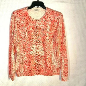 Isaac Mizrahi Live Large Cardigan Knit Sweater Speckled Print Pink Coral Cotton